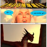 A comic strip of two different pictures with one showing a dragon and the other ,